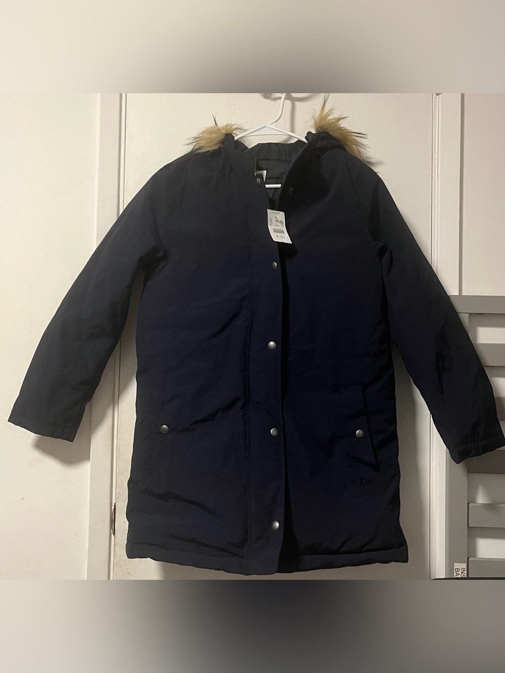 J. Crew Navy Hooded Puffer with Faux Fur Trim